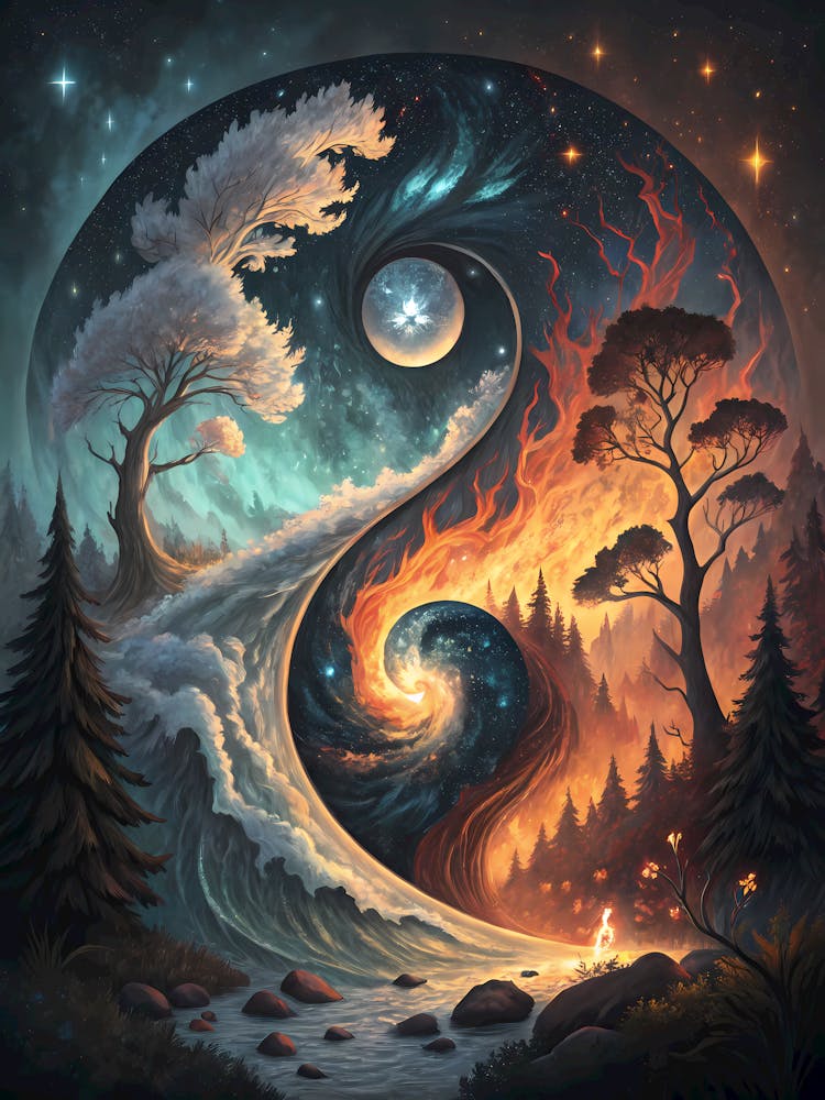Oil Painting Style Elemental Harmony Yin-Yang Trees & Cosmic Landscape