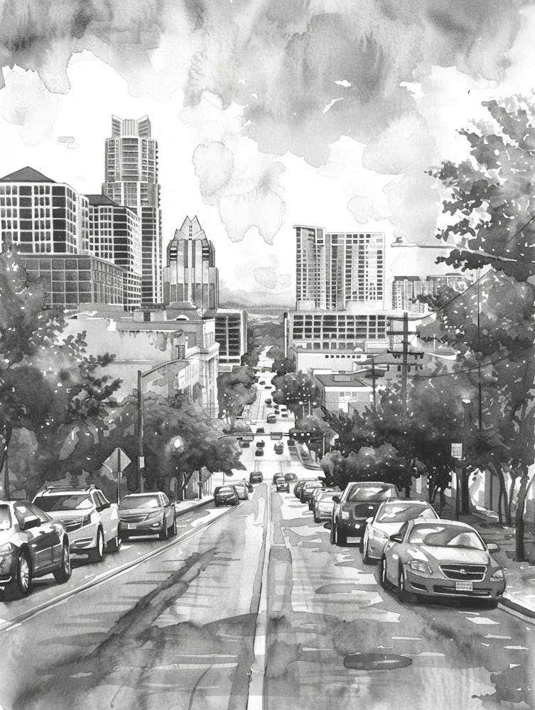 South Congress Avenue Austin Texas Black And White Watercolour 3