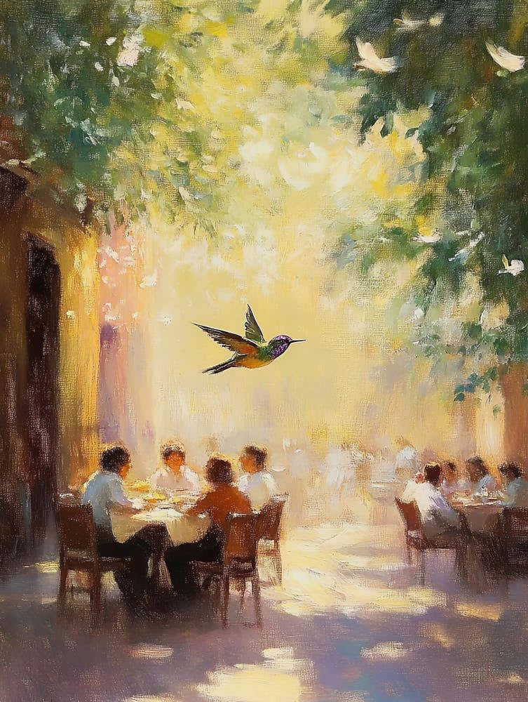 An Impressionist Oil Painting Depicting A Street Cafe Where People Rest Together And Eat