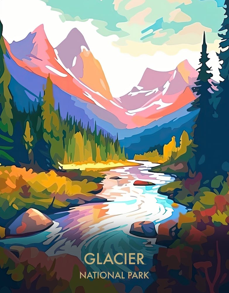 Glacier National Park Travel Poster Illustration Style 4
