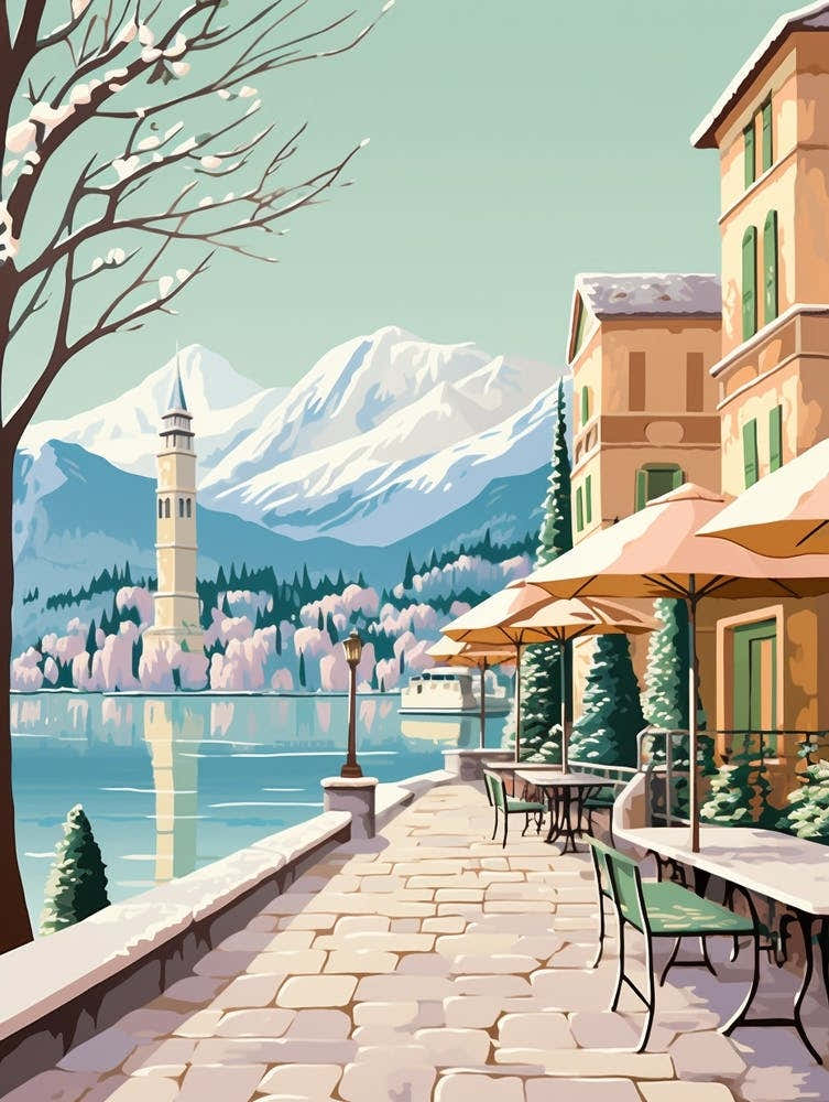 Vintage Winter Travel Illustration Lake Como Italy 1