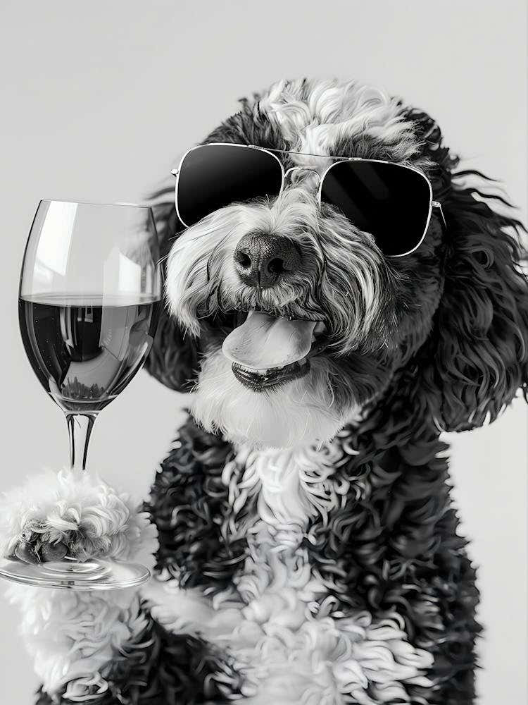 Bernedoodle Drinking Wine Wall Art, Black And White Print, Bar Cart Print, Dog Gift, Funny Dog Poster, Bar Decor, Kitchen Decor