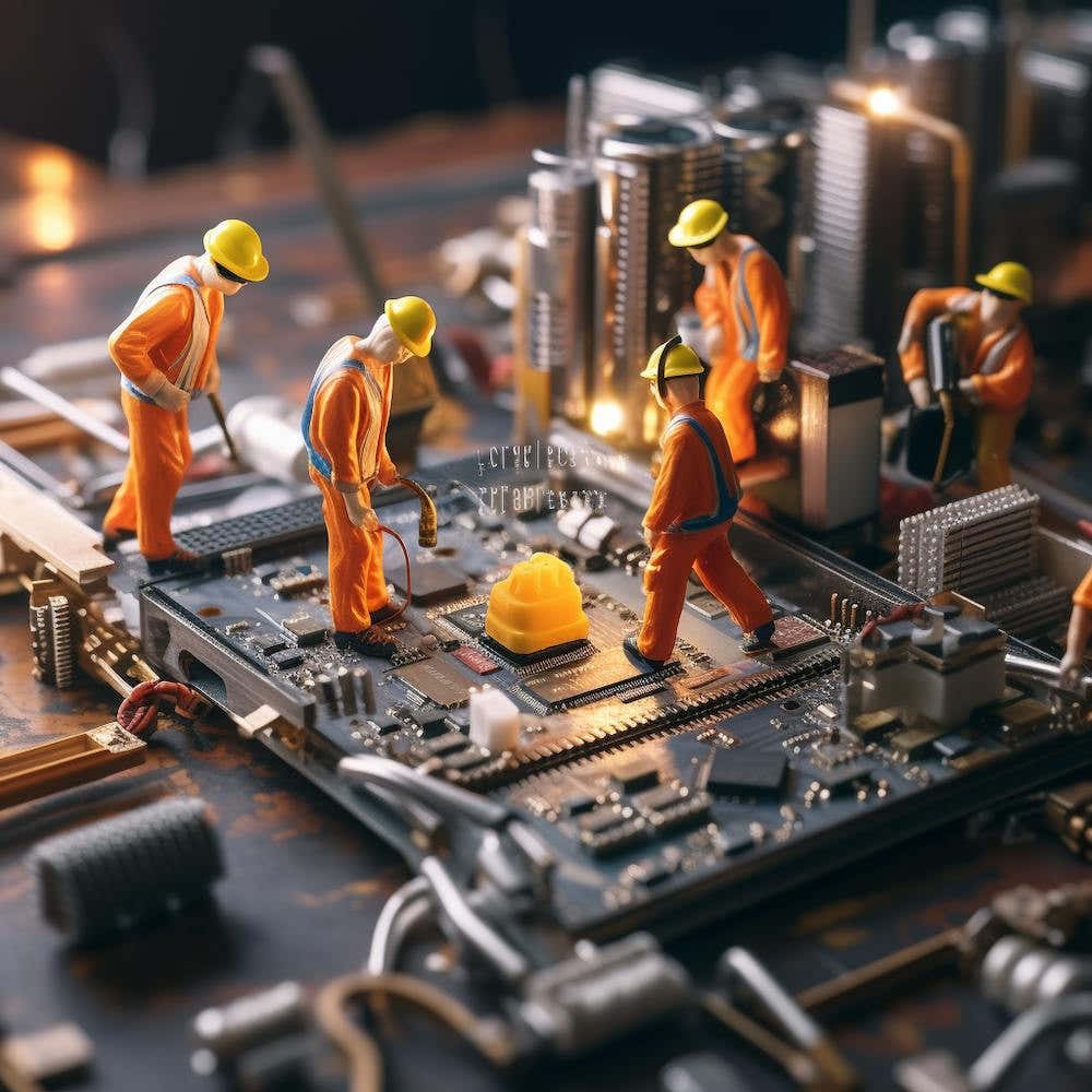 Miniature Construction Workers On A Computer Motherboard