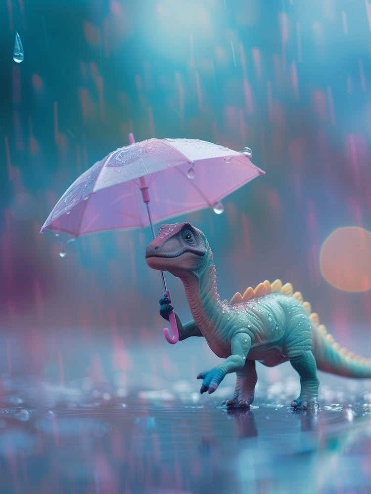 Toy Dinosaur Walking Through The Rain With An Umbrella 1