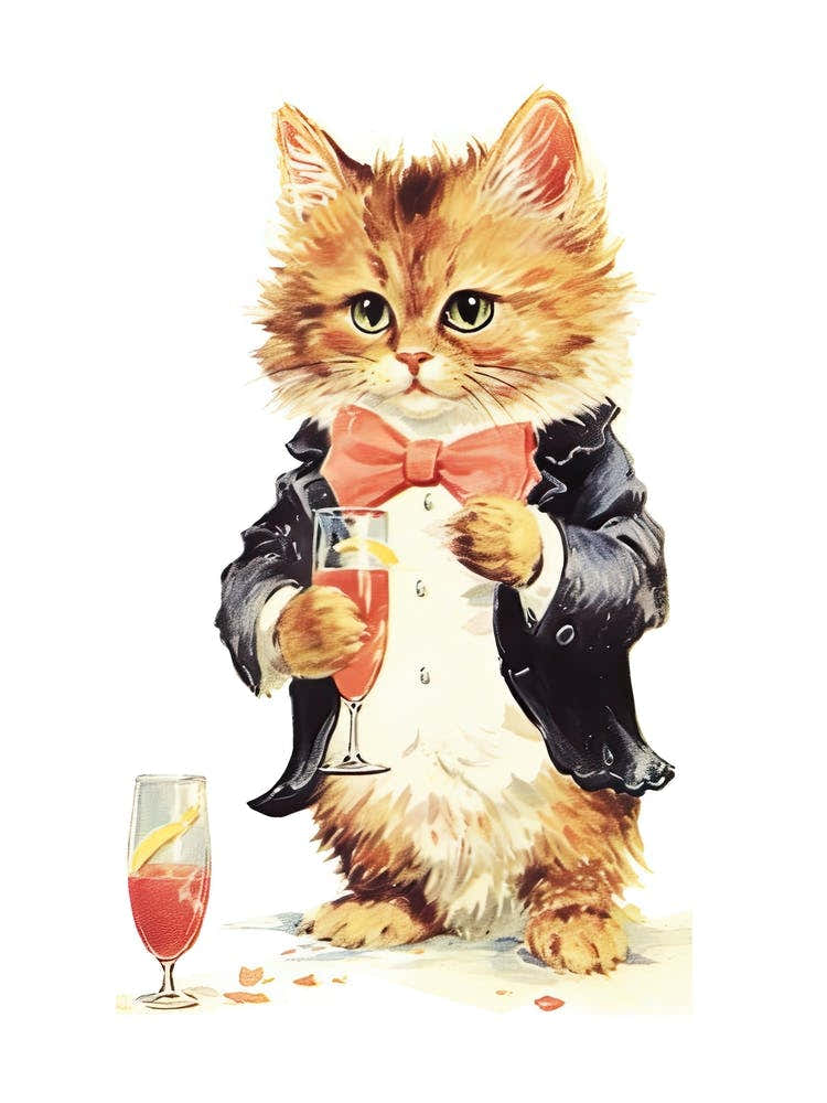 Vintage Smart Cat With A Drink Kitsch