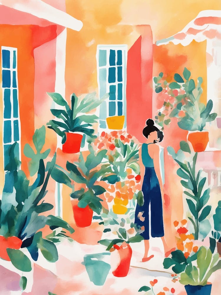 Watercolor of a girl with her plants