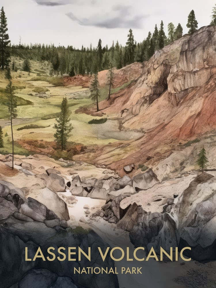 Lassen Volcanic National Park Watercolour Vintage Travel Poster 3