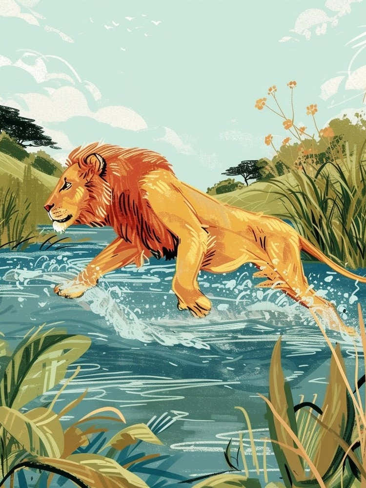 African Lion Crossing A River Illustration 2