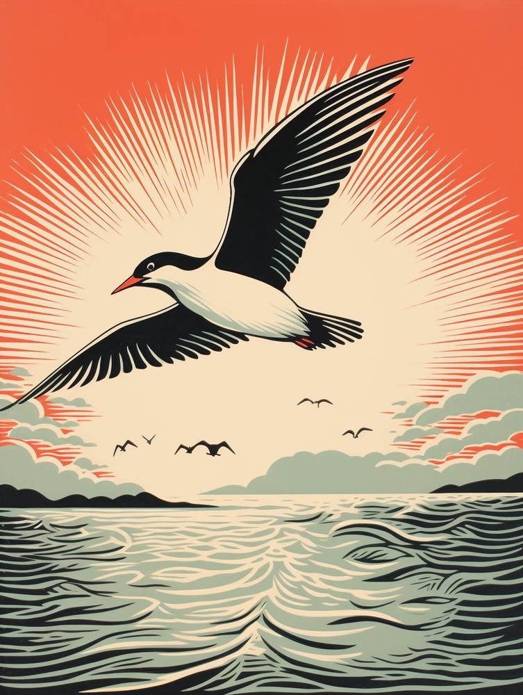 Vintage Bird Linocut Common Tern 1