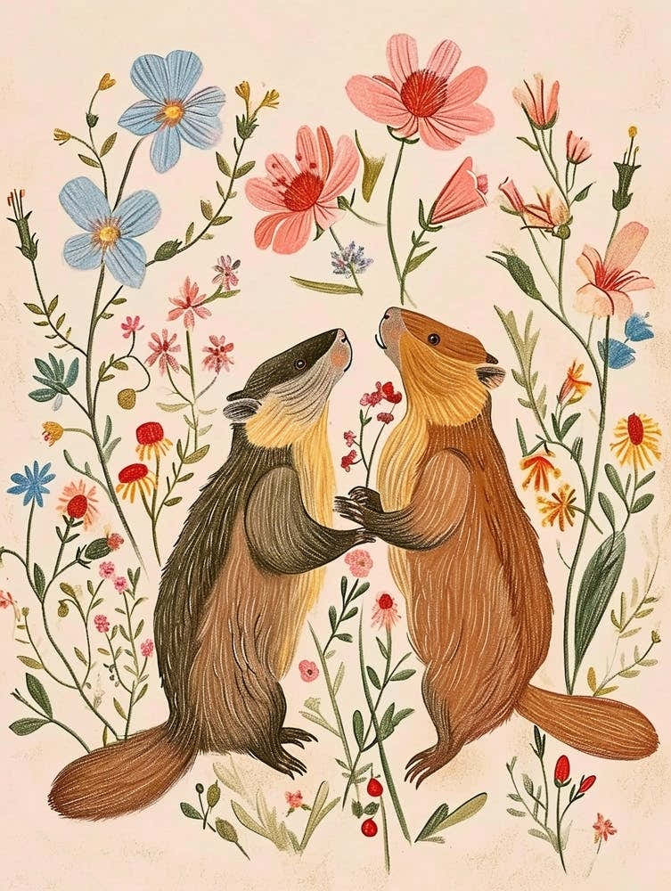 Folksy Floral Animal Drawing Beaver 5