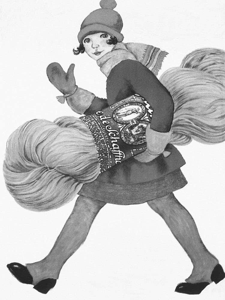 Girl Carrying Yarn, Black and White Vintage