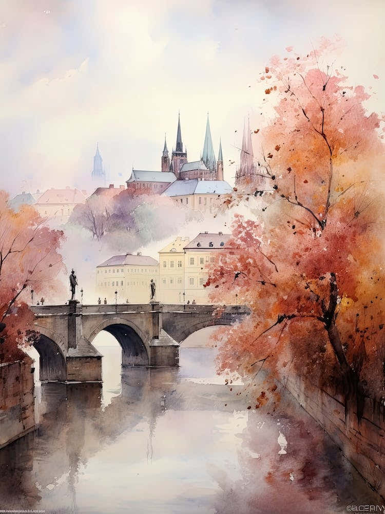 Prague Czech Republic In Autumn Fall, Watercolour 4