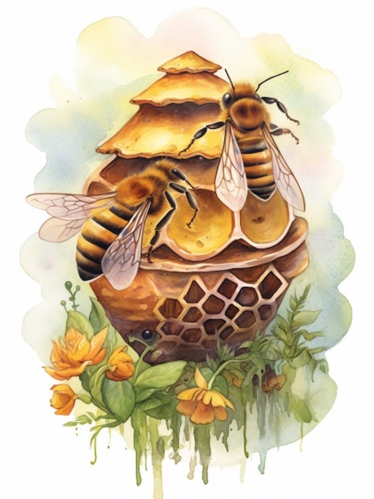 Honey Bee Mimic Bee Beehive Watercolour Illustration 3