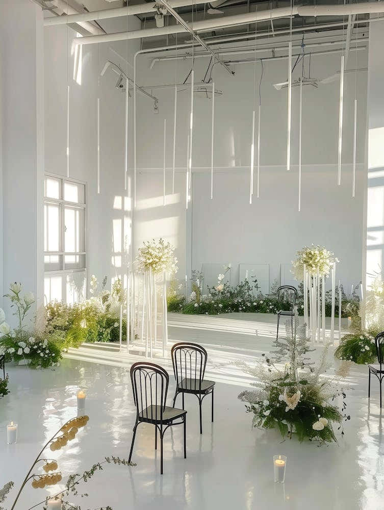 Modern White Space With A White Wooden Structure At The Top, A Sunroom, Transparent Windows, Minimalist Style Lighting Fixtures With White Candles On Top And Black Art Chairs Surrounding The White Floor