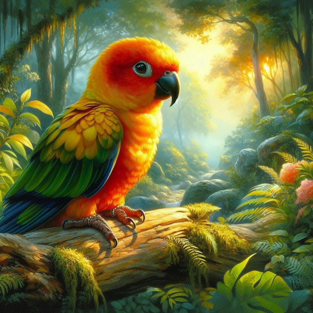 Sun Conure in Beautiful Forest 3