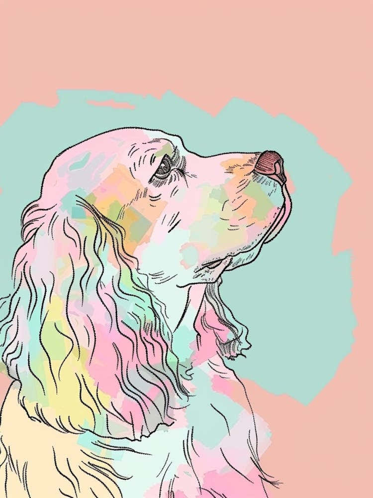 English Cocker Spaniel Dog Pastel Line Illustration 2
