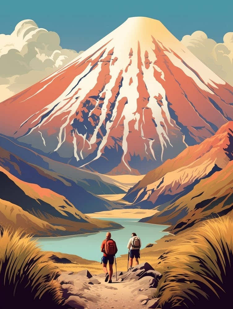 Tongariro Alpine Crossing New Zealand 3 Vintage Travel Illustration
