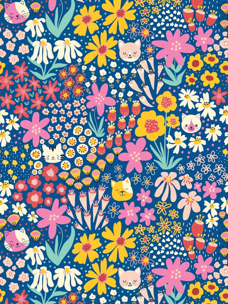 Happy Cats Hiding in the Flower Field - Yellow, Red, Pink on Blue Kids