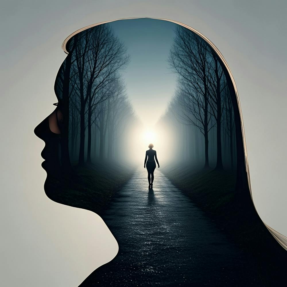 Silhouette Of A Woman Walking In The Forest