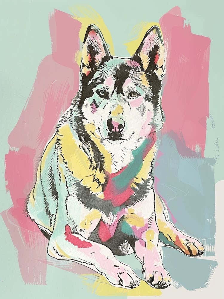 Alaskan Malamute Pastel Line Watercolour Illustration  3
