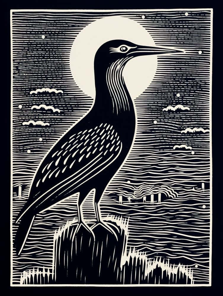 B&W Bird Linocut Cormorant 2