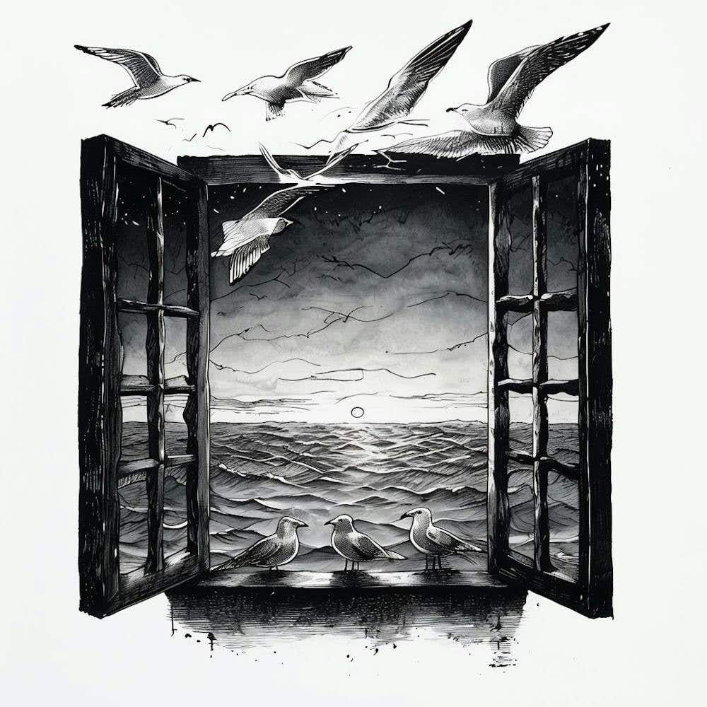 Open Window Frame Overlooking Tranquil Seascape At Sunset