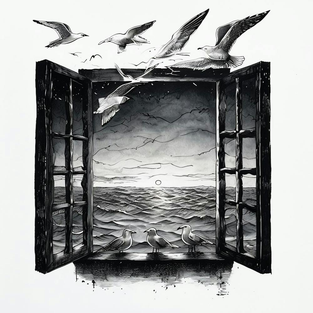 Open Window Frame Overlooking Tranquil Seascape At Sunset