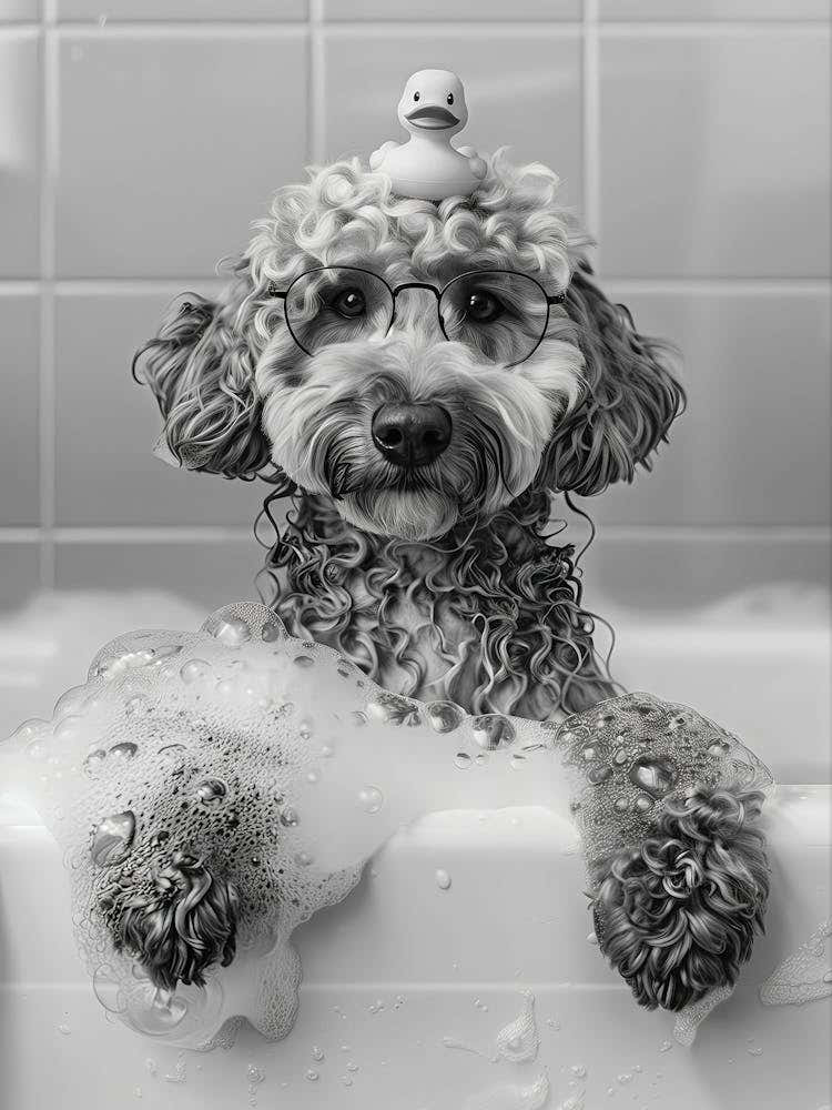 Labradoodle Bath Wall Art, Dog And Rubber Duck Bathtub, Black And White Print, Dog Owner Gift, Funny Dog Poster, Bathroom Wall Decor