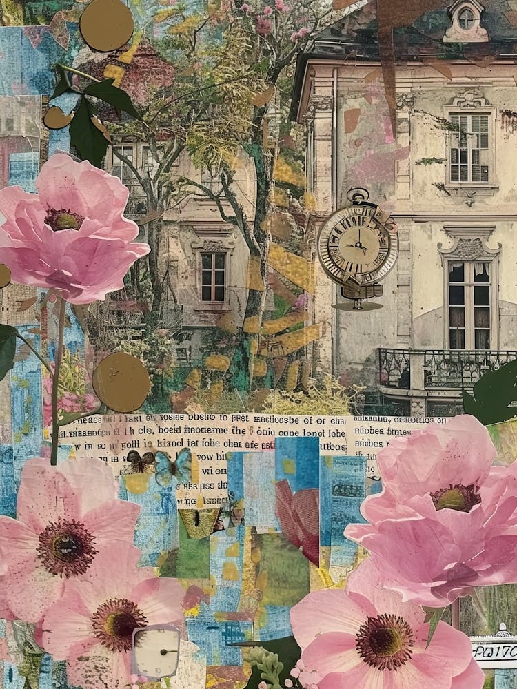 Pink Flowers Scrapbook Collage Cottage 2