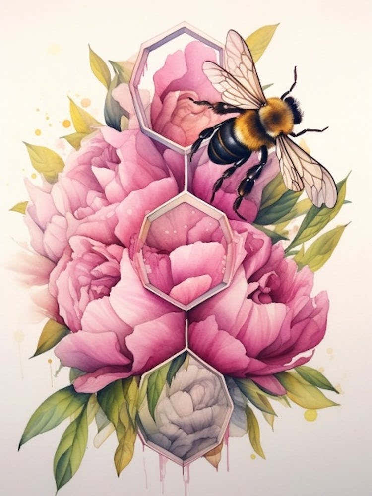 Beehive With Peony Watercolour Illustration 1