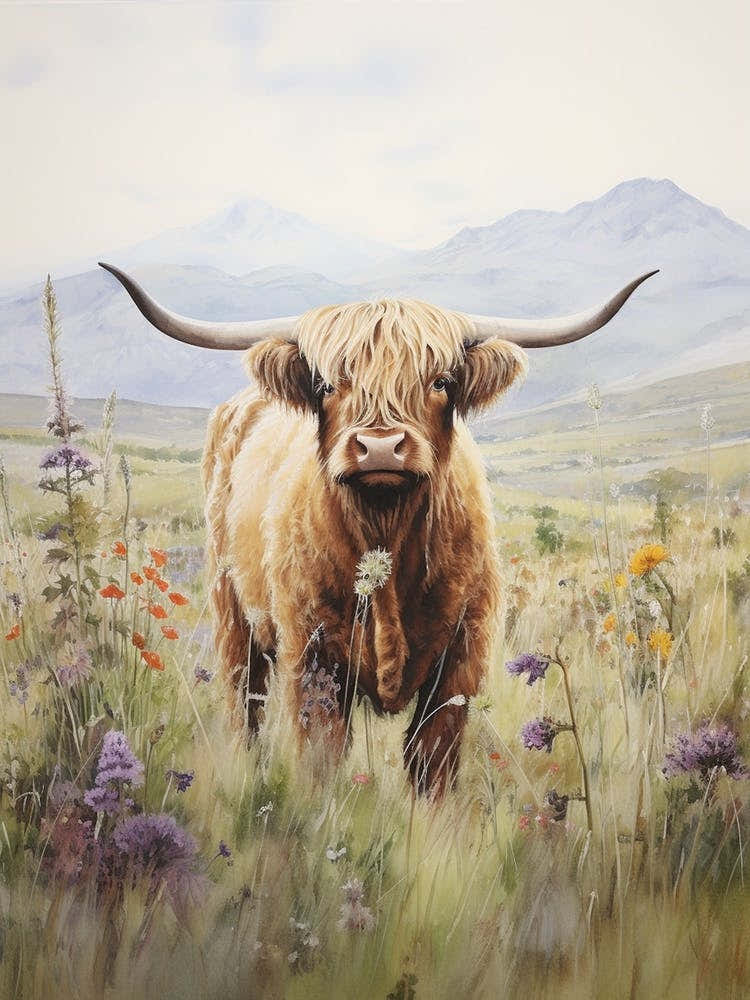 Highland Cow In Colourful Wildflower Field Watercolour