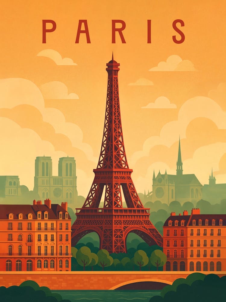Paris Travel Poster France – Eiffel Tower and Romantic Seine View: The Eiffel Tower rises over the Seine in this elegant Paris travel poster. A romantic view of old town charm, French architecture, and European culture – ideal for lovers of sightseeing and historic style.