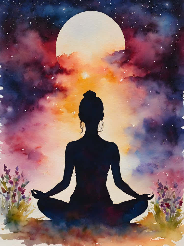 Yoga Woman In Lotus Pose - Full Moon Contemplating Serenity Calm Yogi Meditating Spiritual Grounding Heart Open Buddhist Indian Travel Guidance Wisdom Peace Love Witchy Beautiful Watercolor Woman Trees Blue Sunset Silhouette