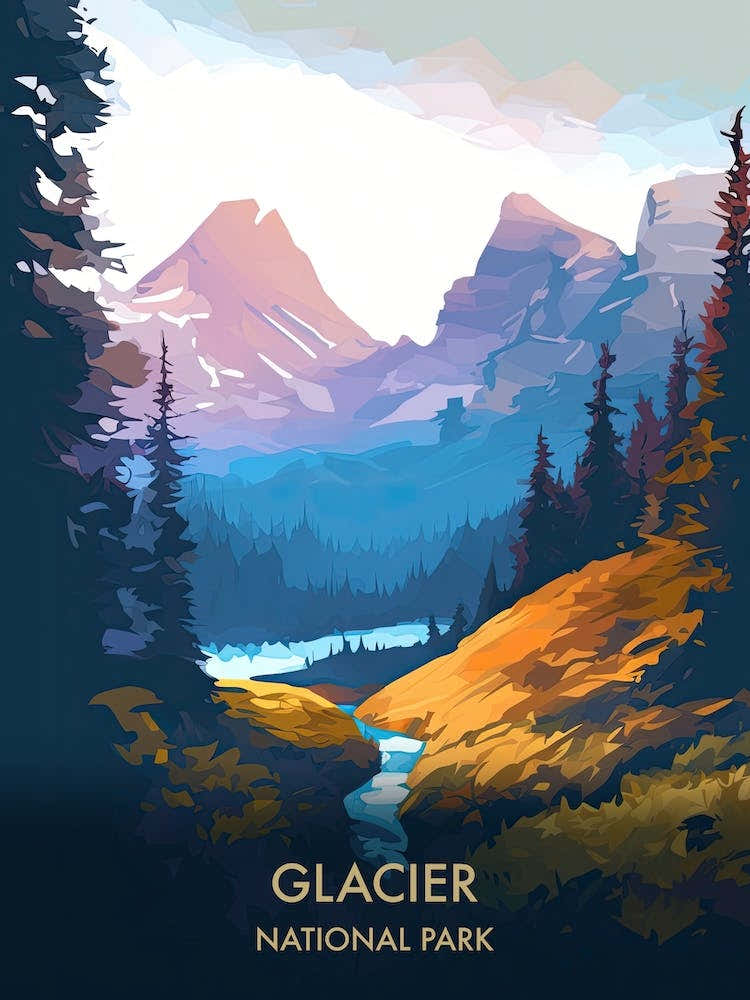 Glacier National Park Travel Poster Illustration Style 3