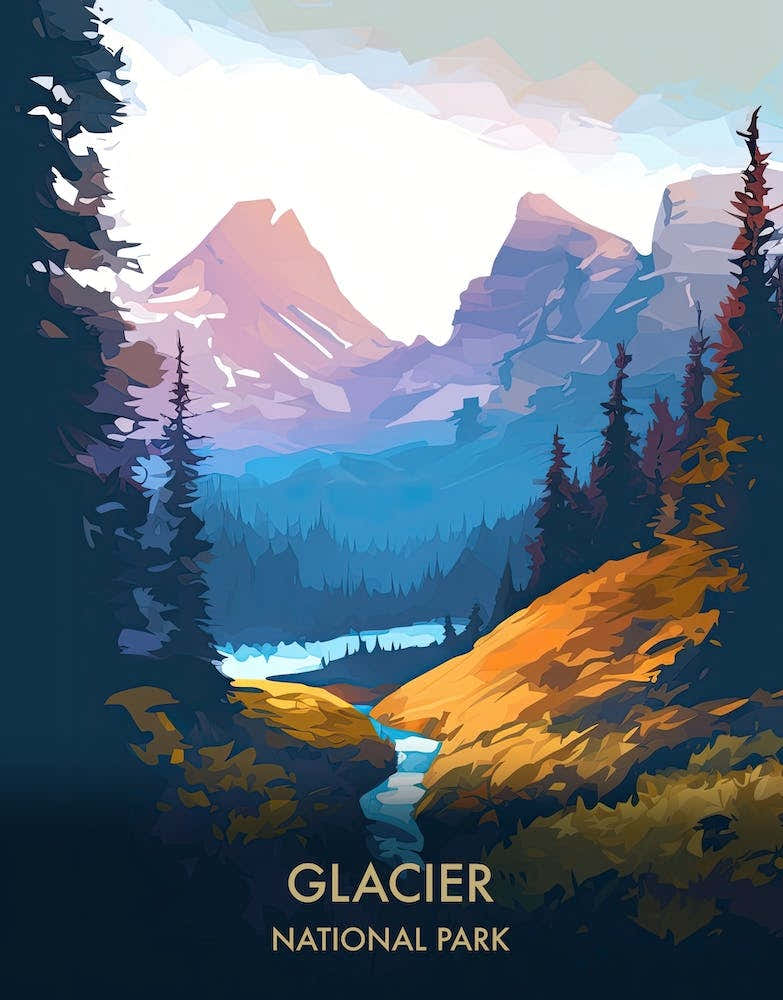 Glacier National Park Travel Poster Illustration Style 3