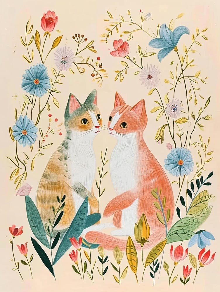Folksy Floral Animal Drawing Cat 6