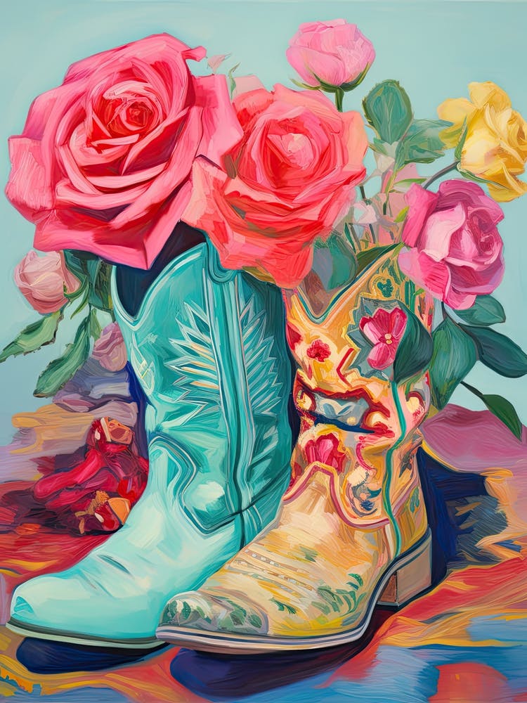 Oil Painting Of Roses Flowers And Cowboy Boots, Oil Style 1
