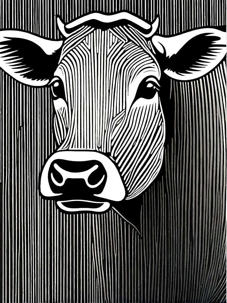 Cow Lino cut Black And White art, animal art, 162