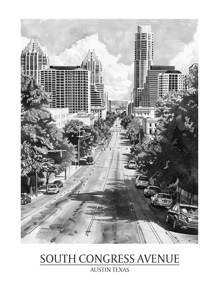 South Congress Avenue Austin Texas Black And White Drawing 3 Poster