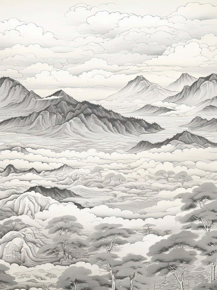Aso Caldera In Kumamoto, Ukiyo E Black And White Line Art Drawing 2