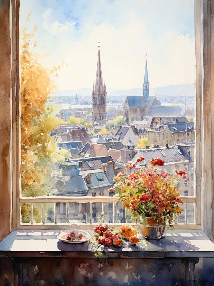 Window View Of Zurich Switzerland In Autumn Fall, Watercolour 2
