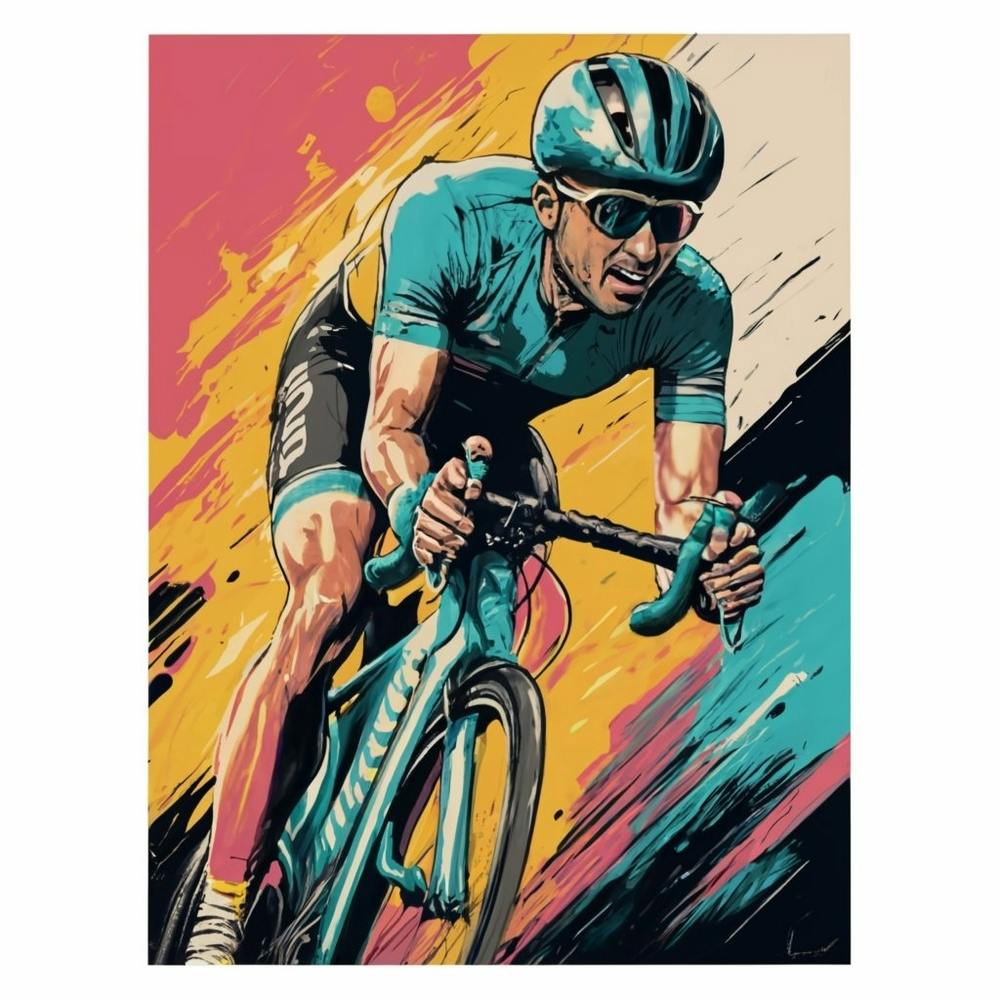 A contemporary and vibrant art print featuring a close-up portrait of a cyclist in motion, capturing the dynamic energy of urban cycling culture. This modern and visually impactful art print is ideal for fitness enthusiasts and those who appreciate the fusion of athleticism and artistic expression in home decor.