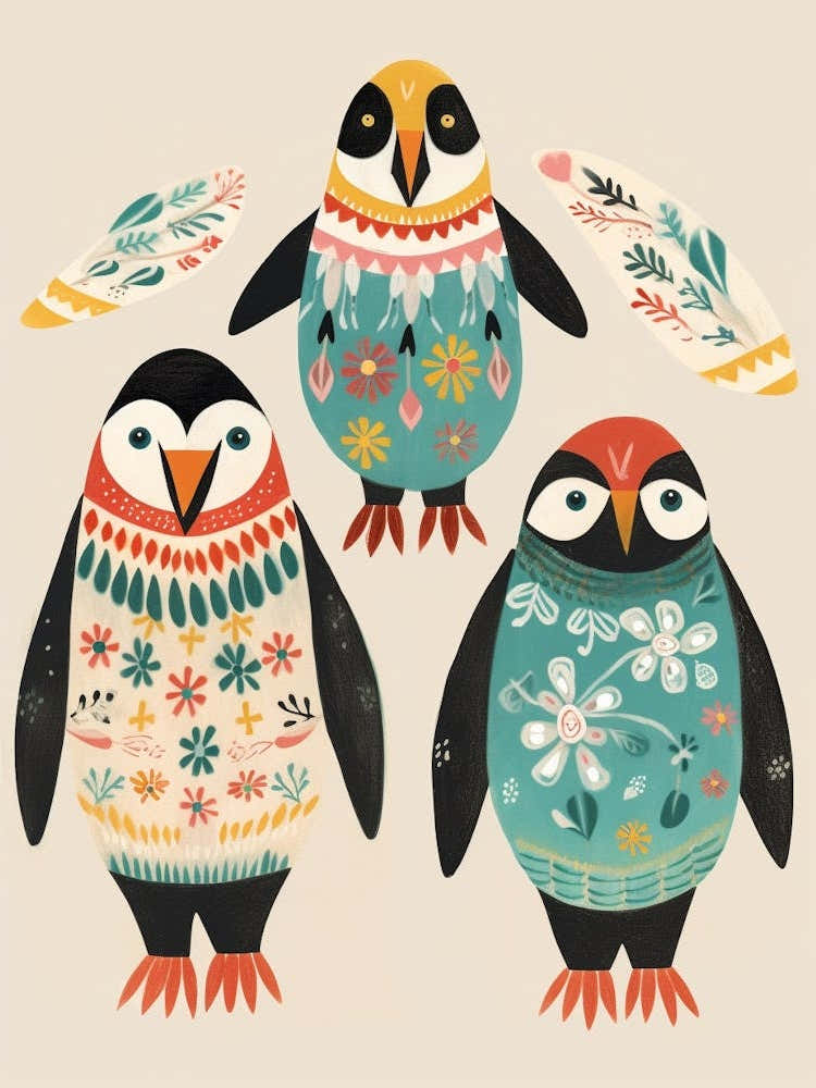 Folk Style Bird Painting Penguin 1