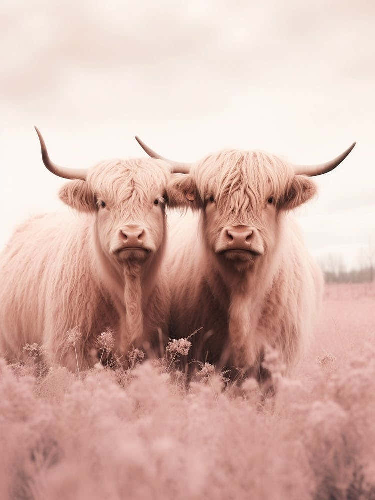 Two Highland Cows Pink Portrait 4