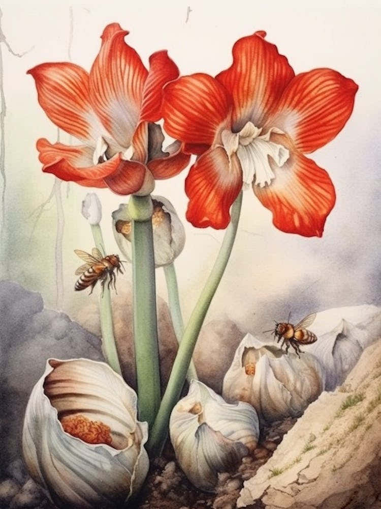 Beehive With Amaryllis Flower Watercolour Illustration 4