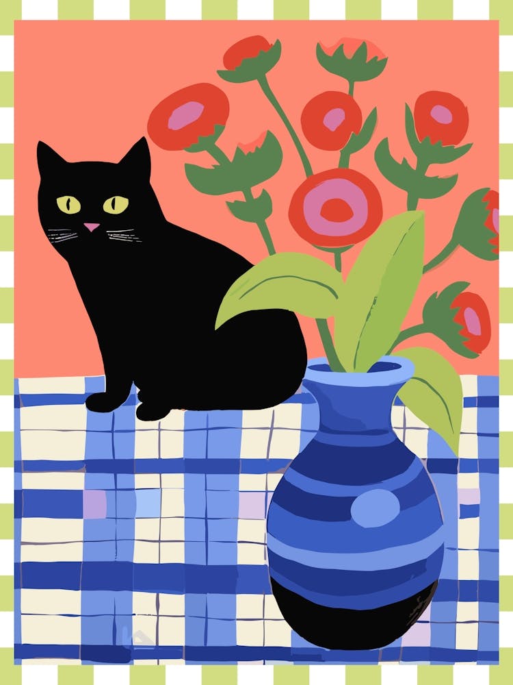 Black Cat With A Vase With Red Flowers Illustration