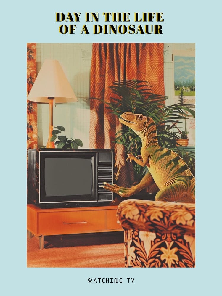 Retro Collage Dinosaur Watching Tv 4 Poster