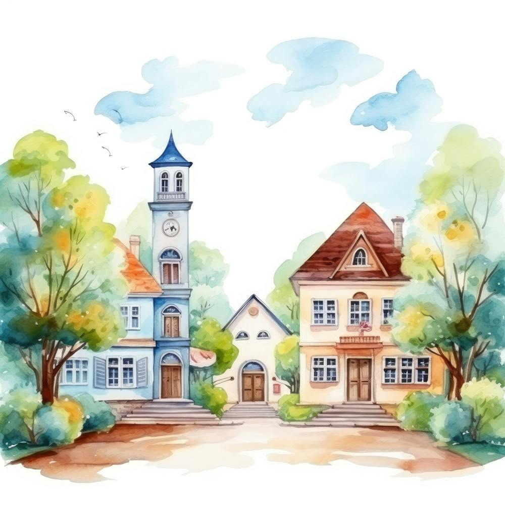 Watercolor House With Clock