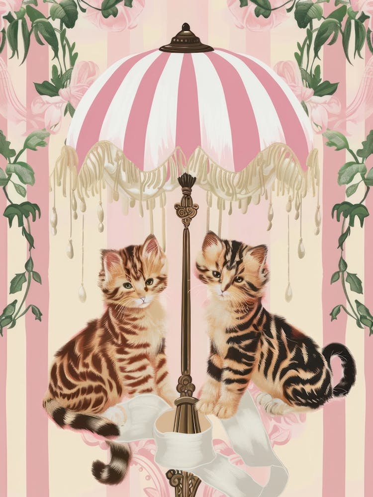 Kittens Retro Illustration Cute Animal Botanical Plants Tropical