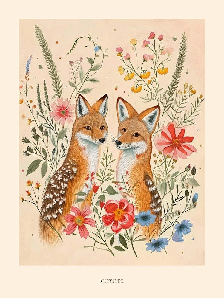 Folksy Floral Animal Drawing Coyote 3 Poster